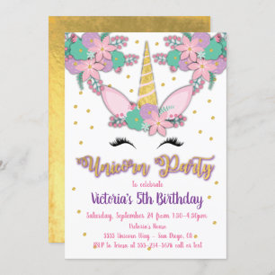 Gold Unicorn Floral Birthday Party Invitation