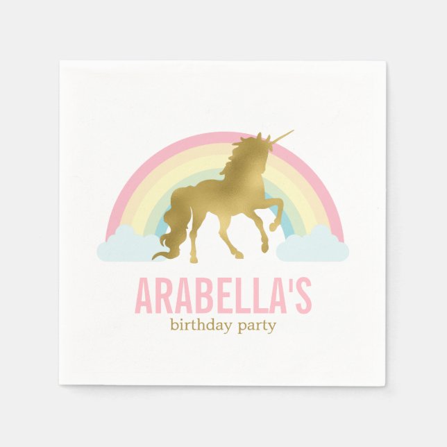 Gold Unicorn Girls Birthday Party Napkin (Front)