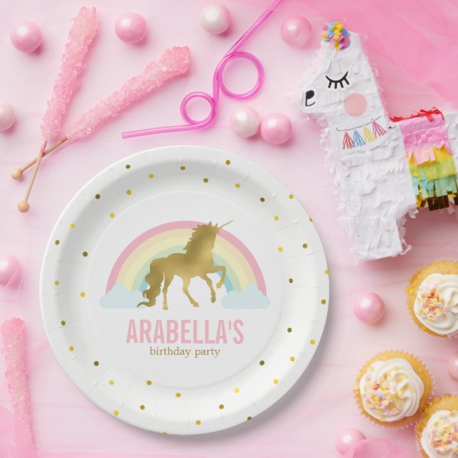 Gold Unicorn Girls Birthday Party Paper Plate (Party)