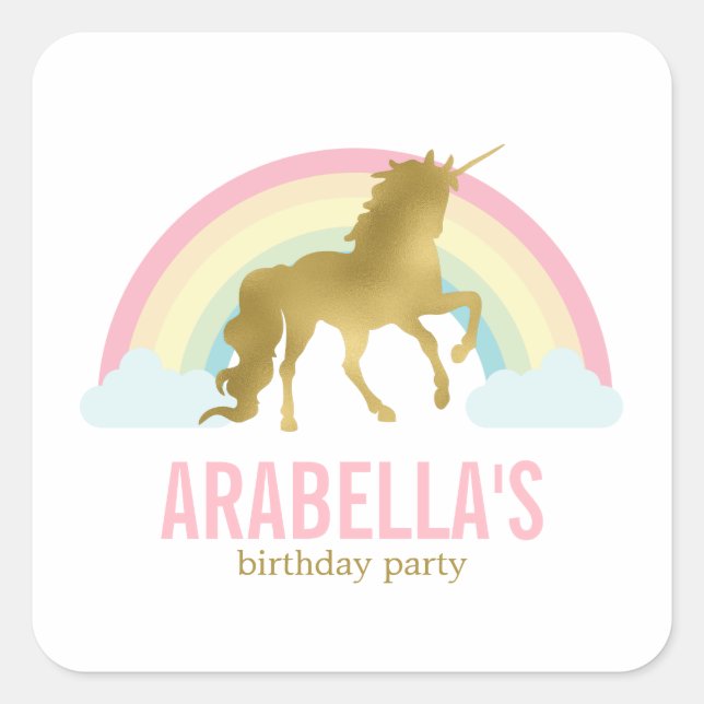 Gold Unicorn Girls Birthday Party Square Sticker (Front)