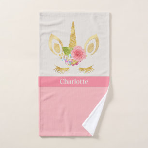 Gold Unicorn Peach Pink Trim Personalised Bath Towel Set