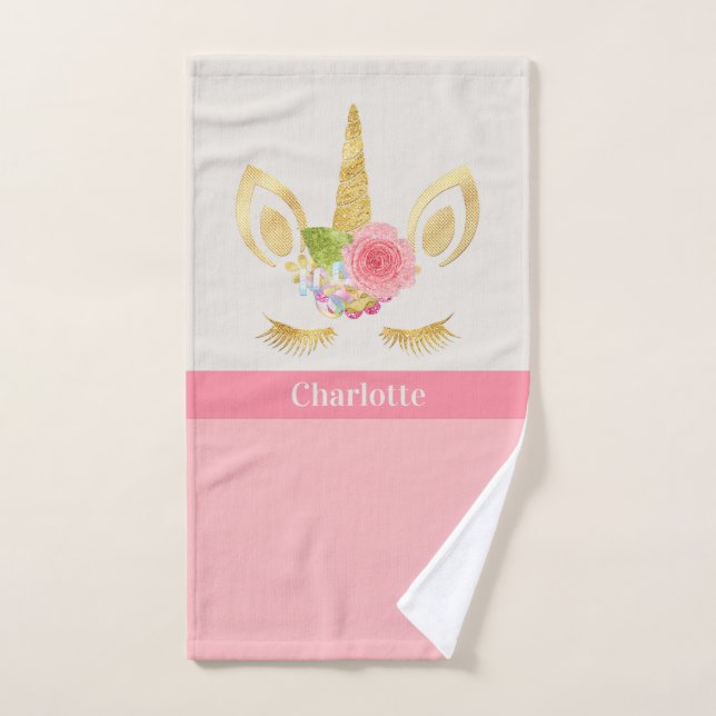 Gold Unicorn Peach Pink Trim Personalised Bath Towel Set (Hand Towel)
