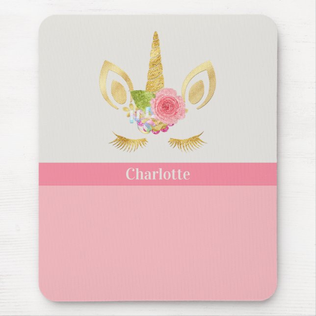Gold Unicorn Peach Pink Trim Personalized Mouse Pad (Front)