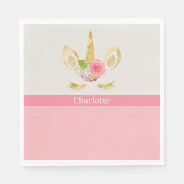 Gold Unicorn Peach Trim Personalised Paper Napkin (Front)
