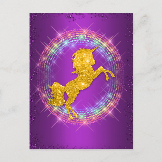 Gold Unicorn Rainbow Sparkles on Purple Holiday Postcard (Front)
