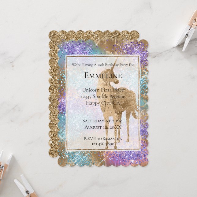 Gold Unicorn Sparkle Purple Aqua Pink Glitter  Invitation (Front/Back In Situ)