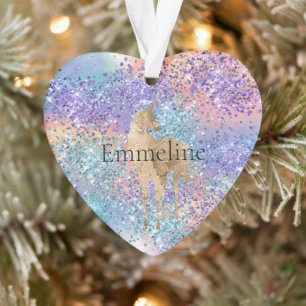 Gold Unicorn Sparkle Purple Aqua Pink Glitter Name Ornament
