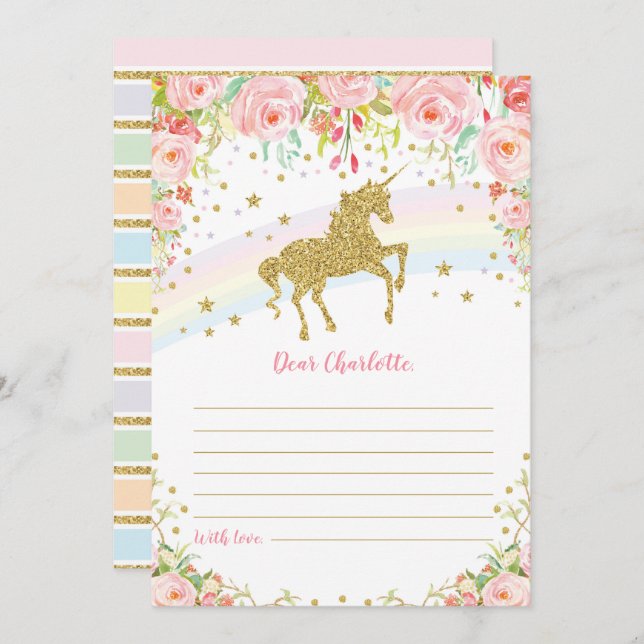 Gold Unicorn Time Capsule Pink Roses Message Card (Front/Back)