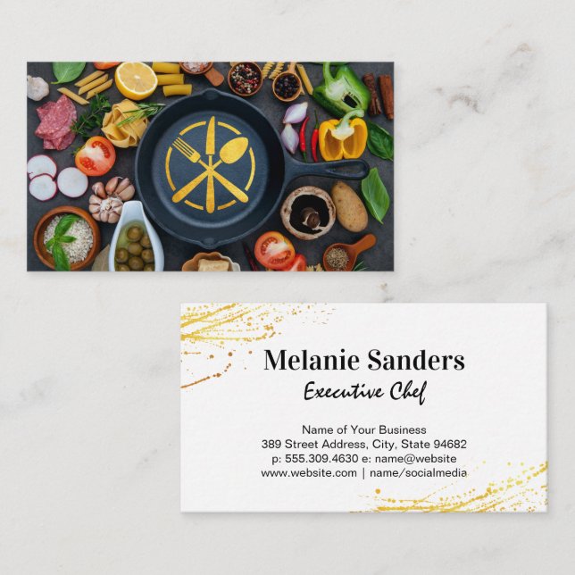 Gold Utensil Logo | Skillet and Food Business Card (Front/Back)