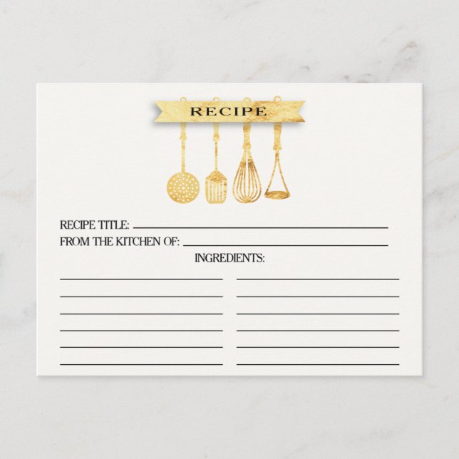 Gold Utensils Bridal Shower Recipe Cards (Front)