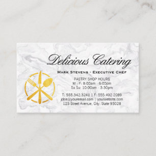 Gold Utensils Logo   Marble Background Business Card