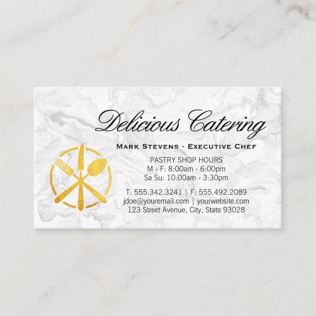 Gold Utensils Logo | Marble Background Business Card (Front)