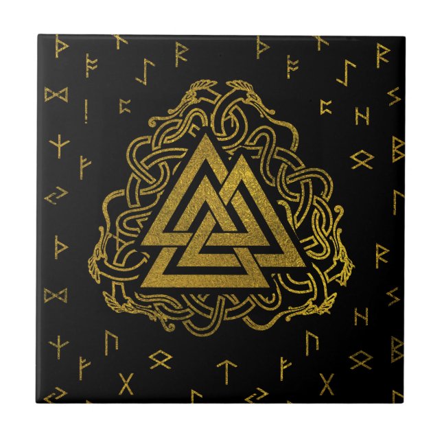 Gold Valknut Symbol on Runes Pattern Ceramic Tile (Front)