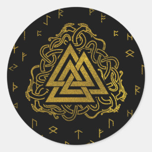 Gold Valknut Symbol on Runes Pattern Classic Round Sticker