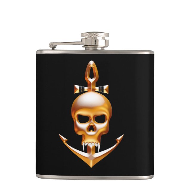 Gold Vampire and Anchor  Skull Hip Flask (Front)