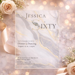 Gold Vein Marble Floral Monogram 60th Birthday  Acrylic Invitations