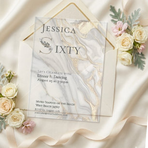 Gold Vein Marble Floral Monogram 60th Birthday Acrylic Invitations
