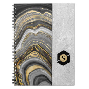 Gold Veined Agate Pattern and Textured Silver Notebook