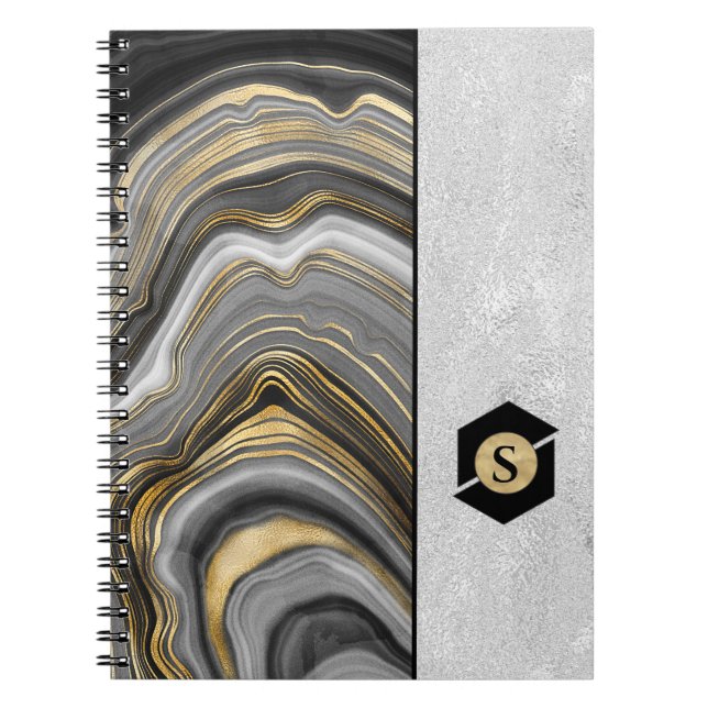 Gold Veined Agate Pattern and Textured Silver Notebook (Front)