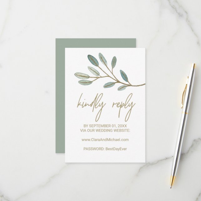 Gold Veined Eucalyptus Wedding Website RSVP Card (Front/Back In Situ)