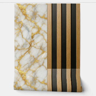 Gold Veined Marble Wood Slats Wallpaper