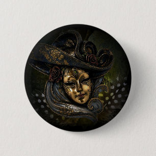 Gold Venetian carnival mask with blue hat 6 Cm Round Badge
