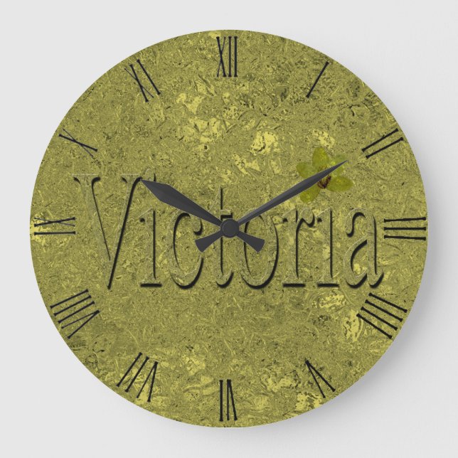 Gold Victoria Name Made With Golden Orchids, Large Clock (Front)