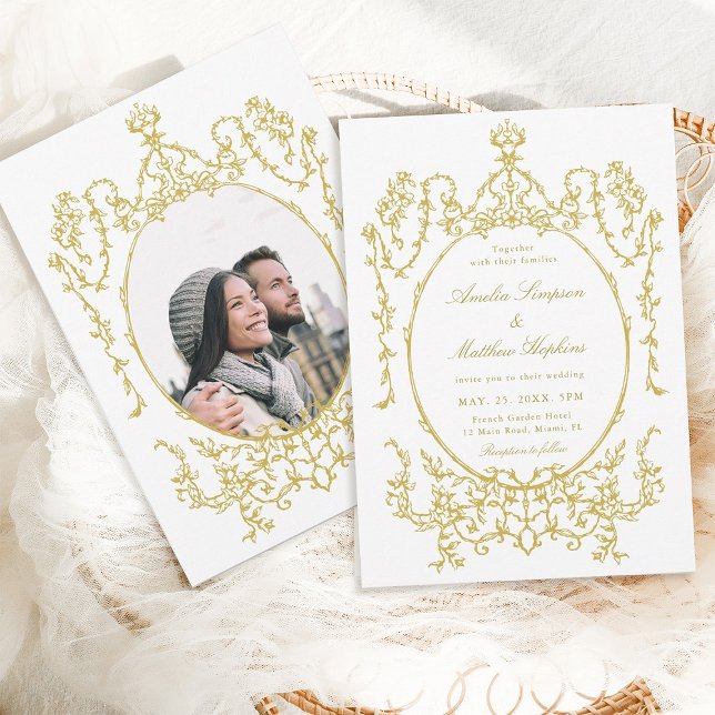 Gold Victorian Classic Floral Frame Wedding Photo Invitation (Front & Back)