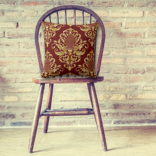 Gold Victorian Damask Pattern on Maroon Red Cushion