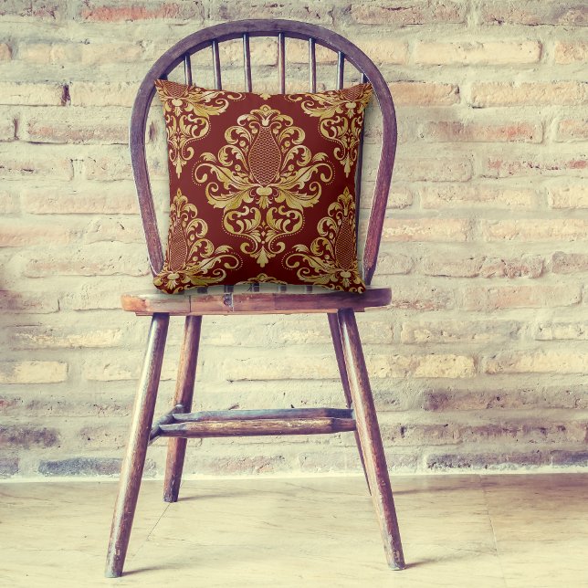 Gold Victorian Damask Pattern on Maroon Red Cushion (Creator Uploaded)