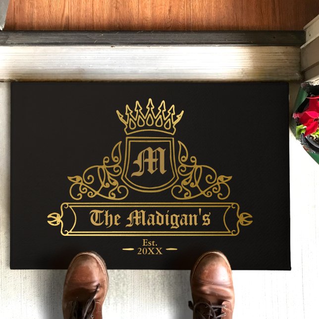 Gold Victorian Name Monogram Black Entry Door Mat (Creator Uploaded)