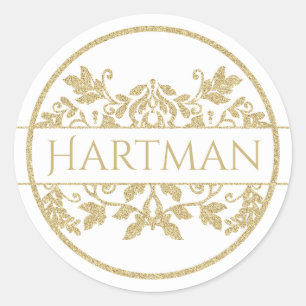 Gold Vine Floral Damask Emblem White Classic Round Sticker