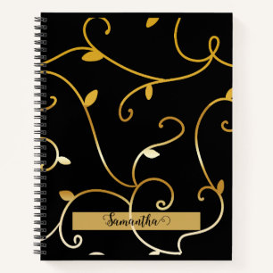 Gold Vine Leaves Abstract Floral Line Black Notebook