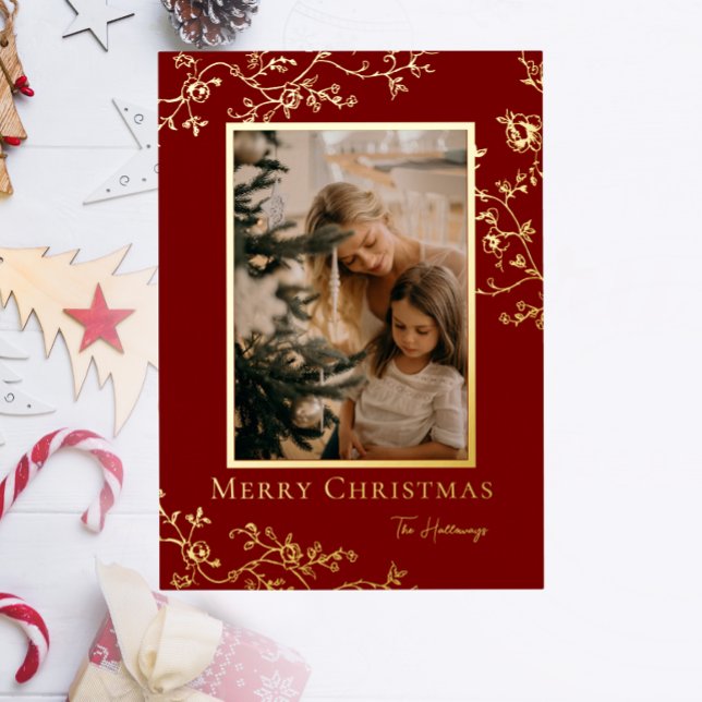 Gold Vines One Photo Frame Foil Holiday Card (Creator Uploaded)