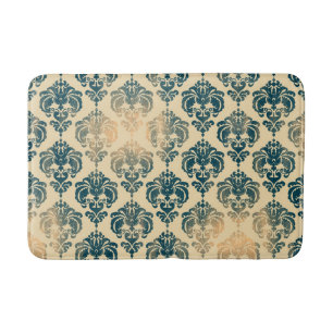 Gold & Vintage Blue Rustic Modern Glam Damask Bath Mat