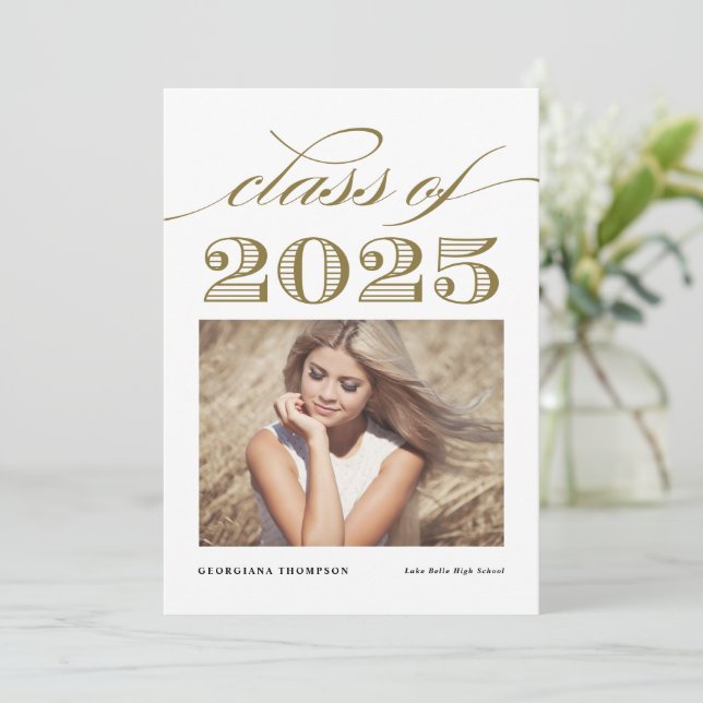 Gold Vintage Class of 2025 Photo Graduation Invitation (Standing Front)
