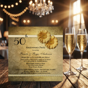 Gold Vintage Daisy Flowers Anniversary Invitation