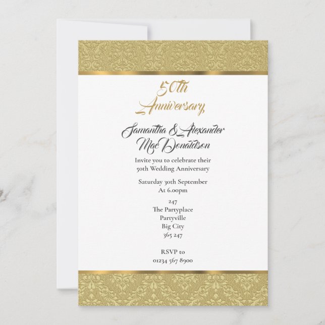 Gold vintage damask 50th wedding anniversary invitation (Front)