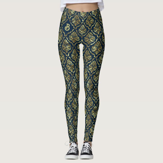 Gold vintage damasks pattern on dark blue leggings (Front)