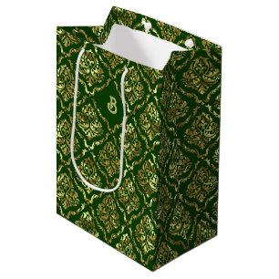 Gold vintage damasks pattern on dark green medium gift bag