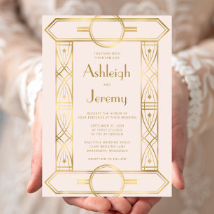 Gold Vintage Deco Frame Blush Pink Wedding Invitation