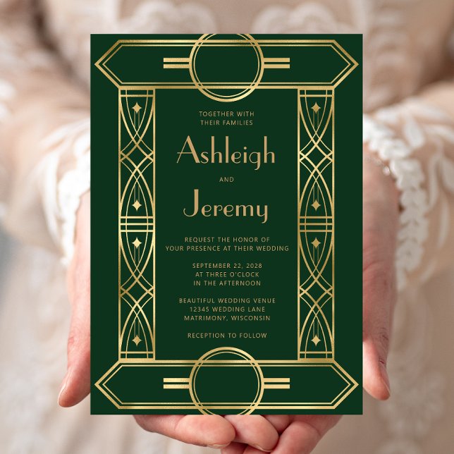 Gold Vintage Deco Frame Dark Green Wedding Invitation (Creator Uploaded)
