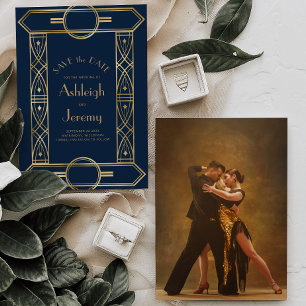 Gold Vintage Deco Frame Navy Blue Photo Wedding Save The Date
