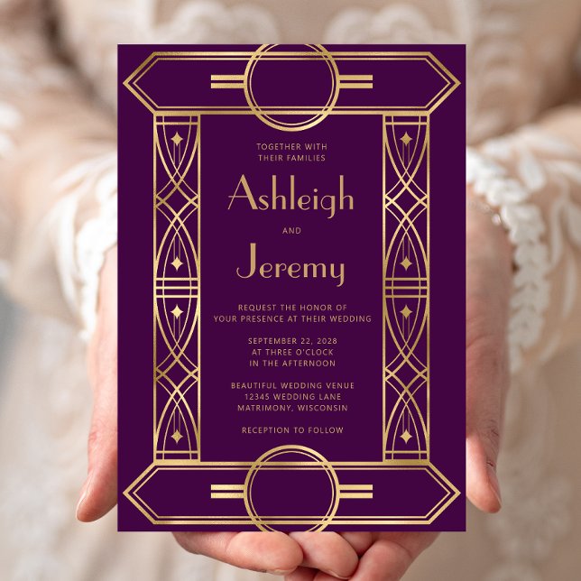 Gold Vintage Deco Frame Purple Wedding Invitation (Creator Uploaded)