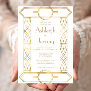 Gold Vintage Deco Frame White Wedding Invitation