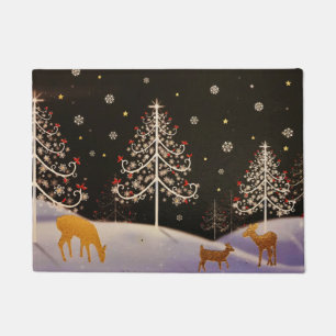Gold Vintage Deer Family in Snowy Christmas Forest Doormat