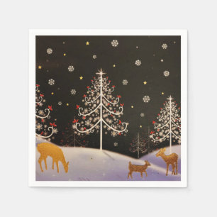 Gold Vintage Deer Family in Snowy Christmas Forest Napkin