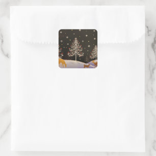 Gold Vintage Deer Family in Snowy Christmas Forest Square Sticker