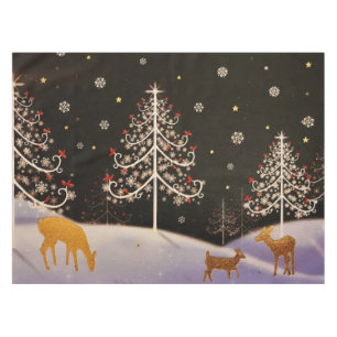 Gold Vintage Deer Family in Snowy Christmas Forest Tablecloth