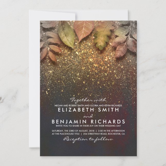 Gold Vintage Fall Leaves Elegant Wedding Invitation (Front)